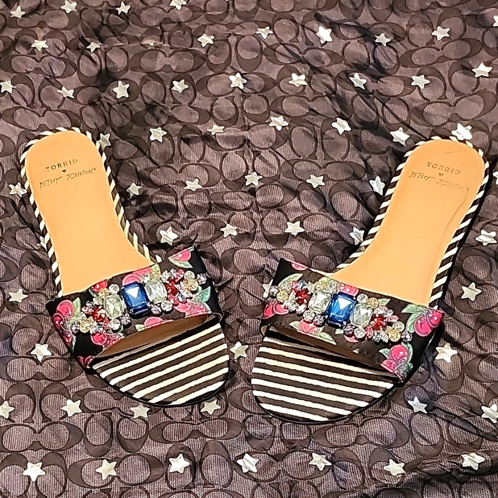 Torrid X Betsey Johnson Black and White Striped Sandals with Floral Accents